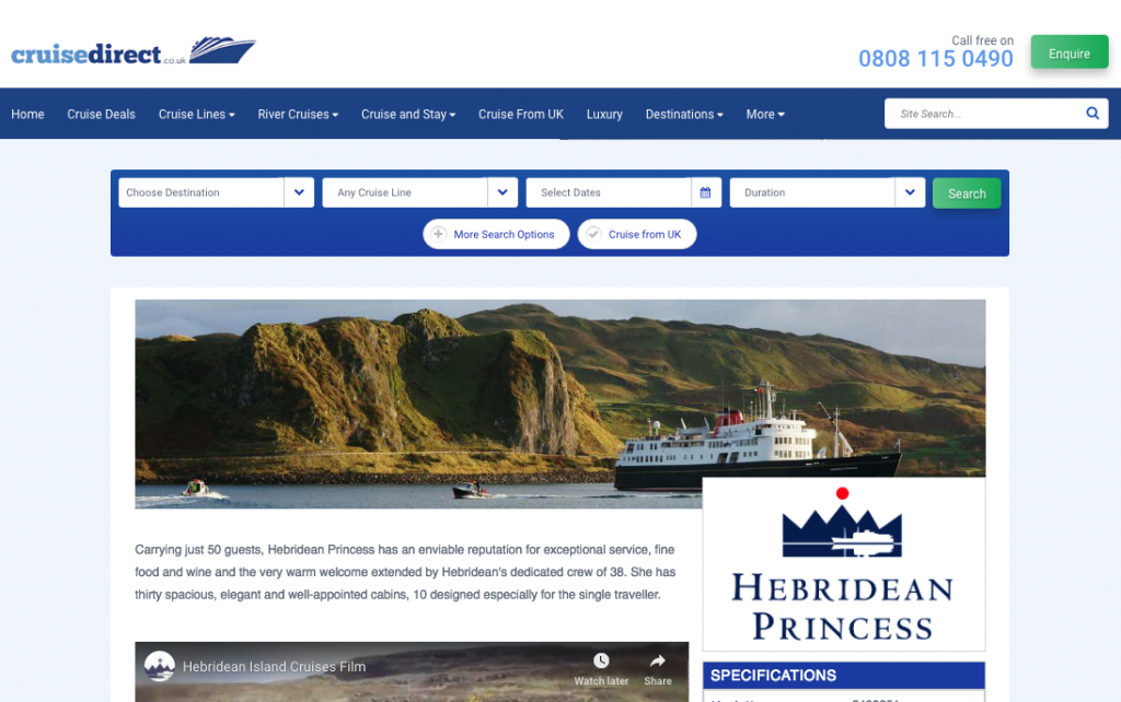 Screenshot of Hebridean Princess on Cruise Direct