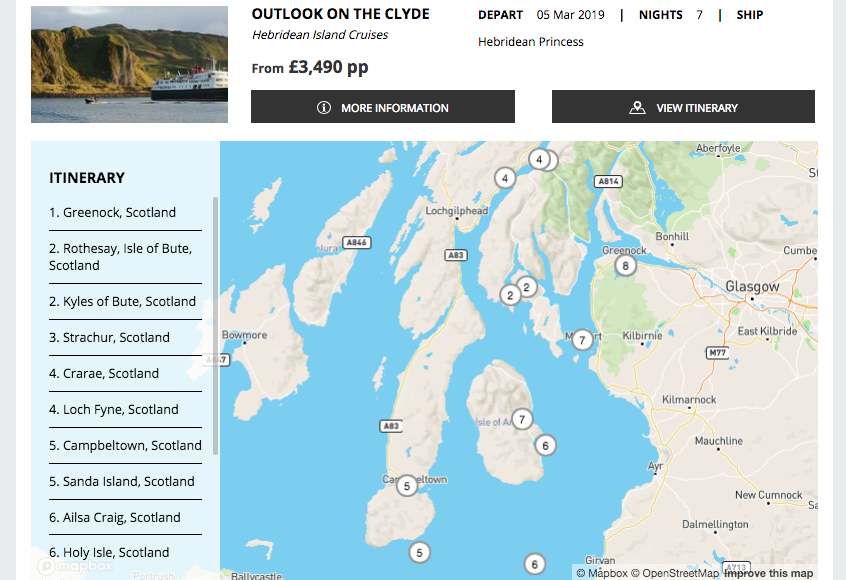 Screenshot of Hebridean itinerary on a Cruise Search