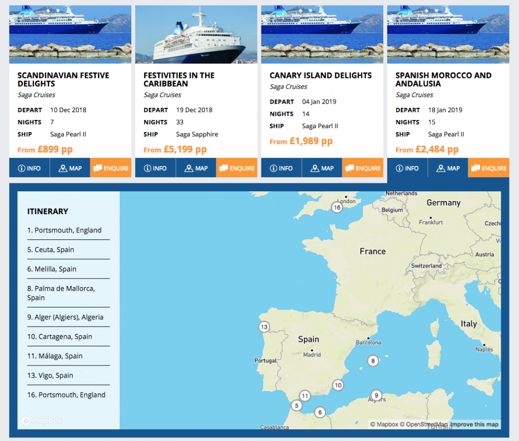 Screenshot of Saga Itineraries