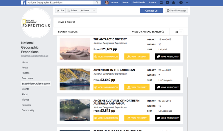 A screenshot of a Widgety Cruise Search on National Geographic Expeditions' Facebook page