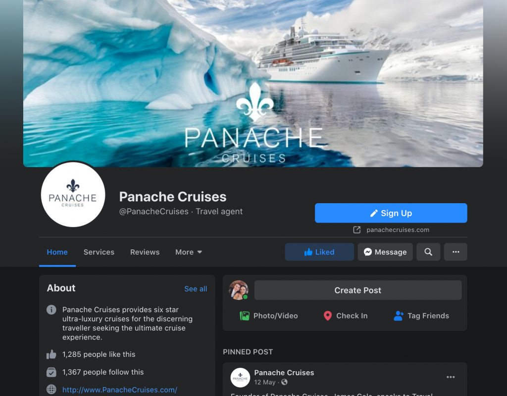 Screenshot of Panache Cruises Facebook