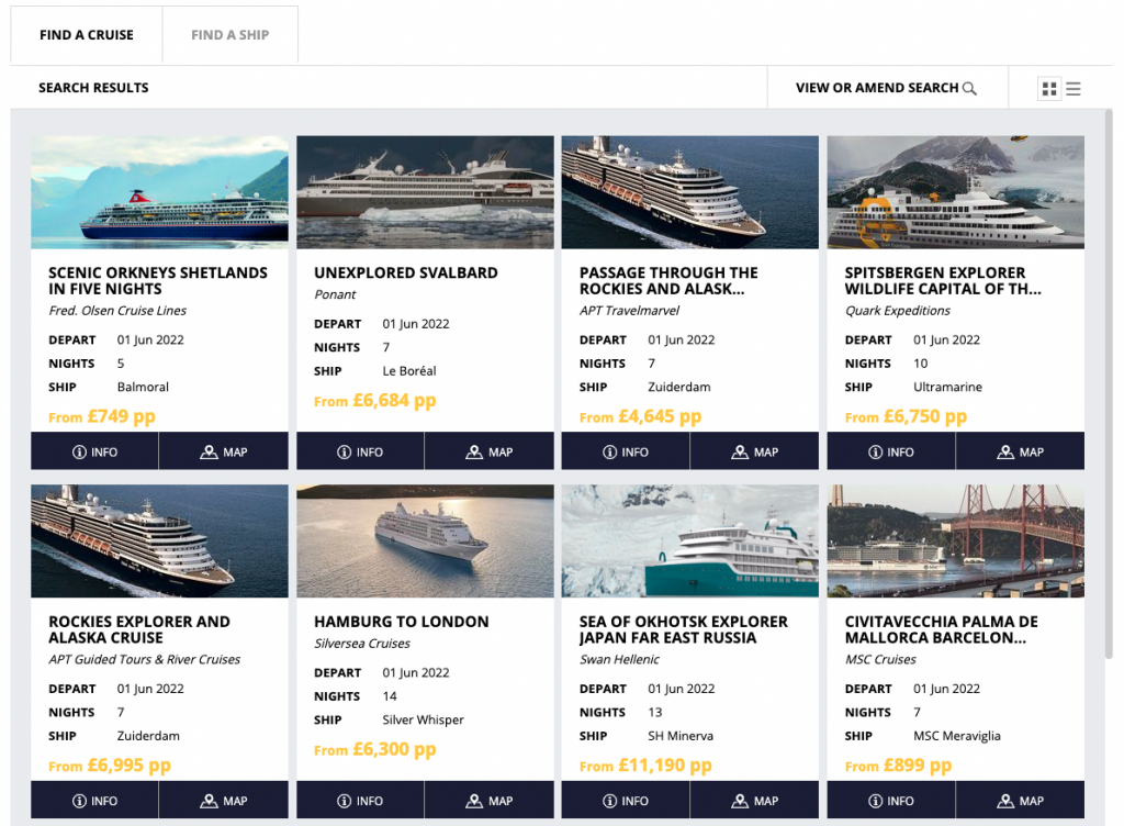 Screenshot of results on Widgety Cruise Search in block view