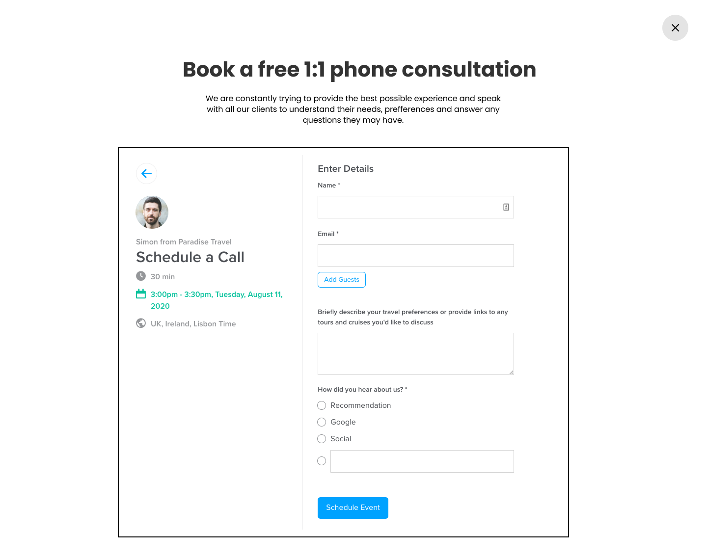 Book a free 1:1 phone consultation on Widgety Holiday Search & Calendly