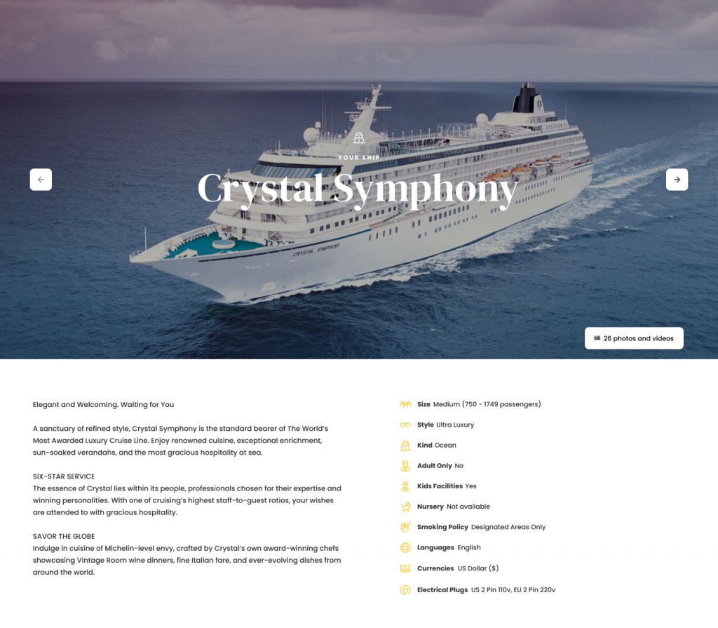 Crystal Symphony ship and ship facts from Widgety Holiday Search