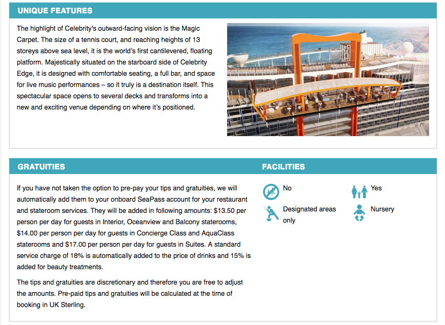 Screenshot from Celebrity Edge ship iframe showing magic carpet and gratuities on board