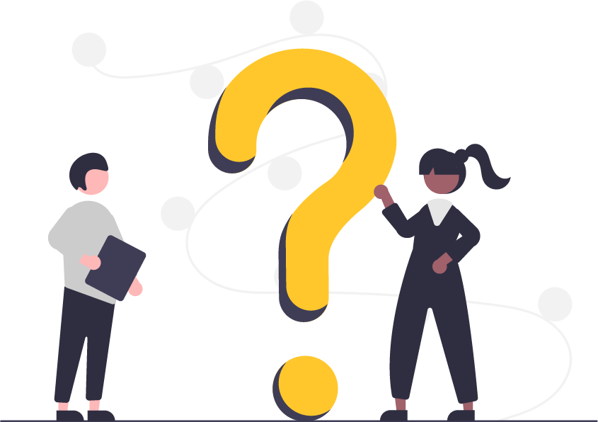Illustration of two people with giant question mark