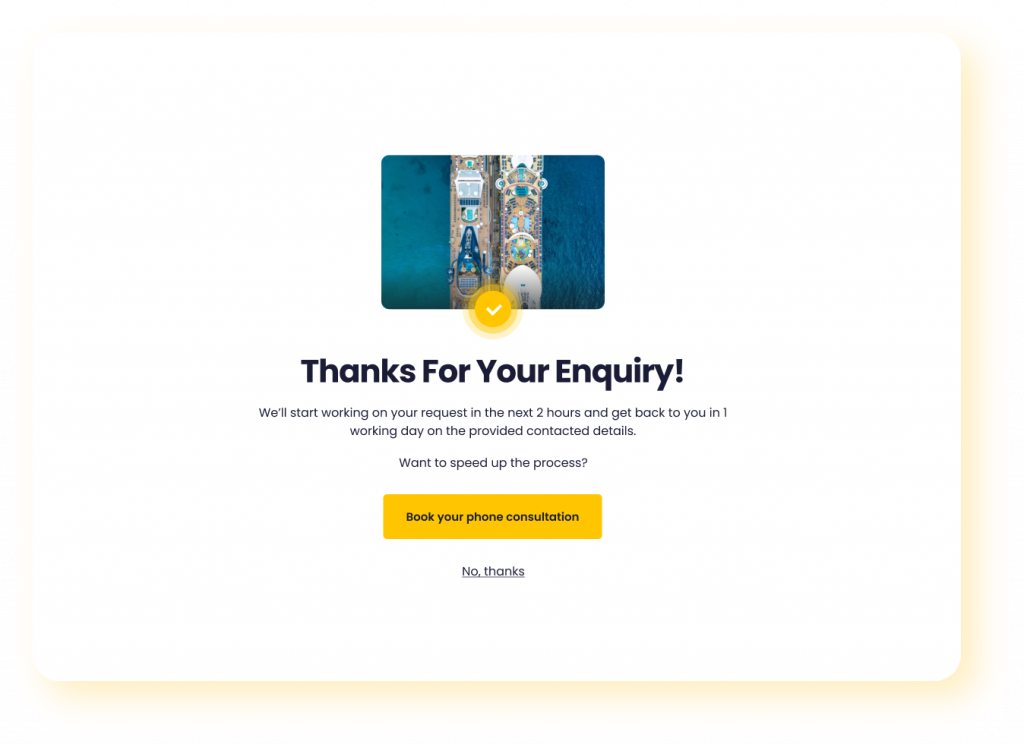 thank you for your enquiry screen on Widgety Holiday Search with rounded corners and yellow drop shadow