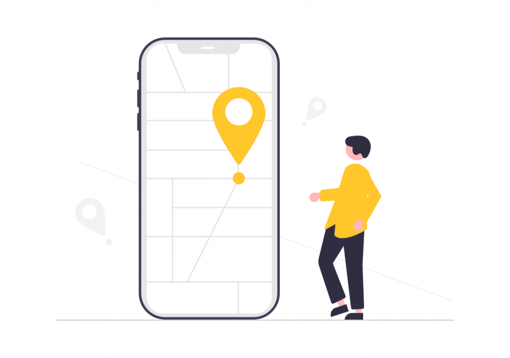 Illustration of man with giant phone with map on it